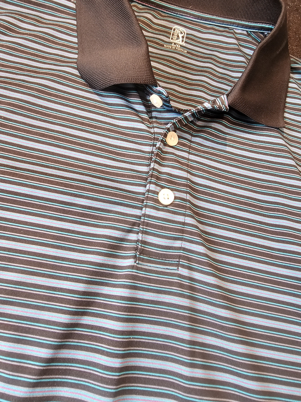 PGA Tour Brown Polo with Blue and White Stripes